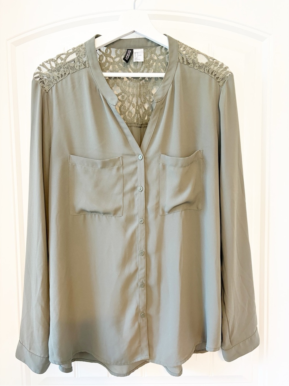 H&M Olive Green Button-Front Blouse with Lace Yoke